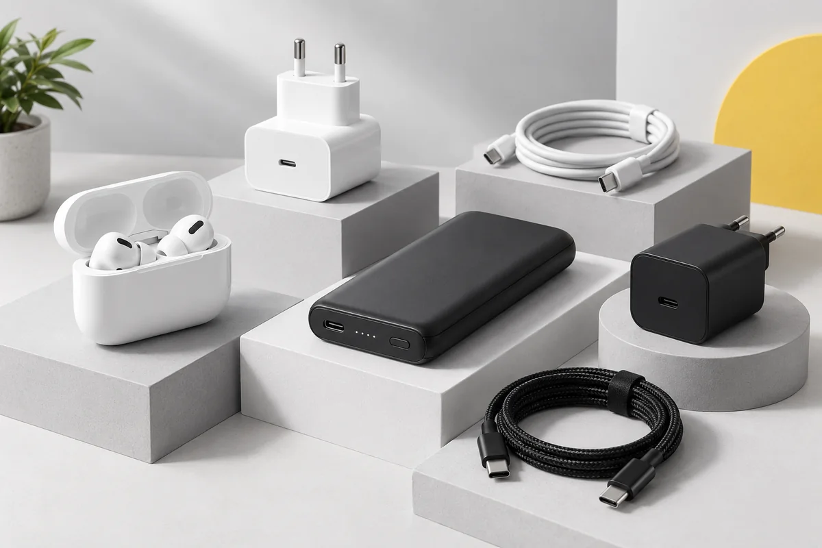 Composição ilustrativa com fones de ouvido, cabos, fontes e um powerbank